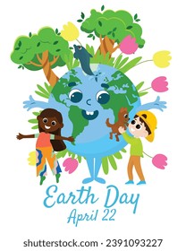 Earth Day postcard. Planet Earth with a cheerful face is smiling joyfully, near her are children, trees, plants, flowers and a dolphin.