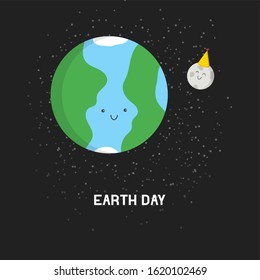 Earth day postcard vector illustration. Cartoon cute smiling globe planet and moon celebrating april 22nd. eps10 vector illustration.