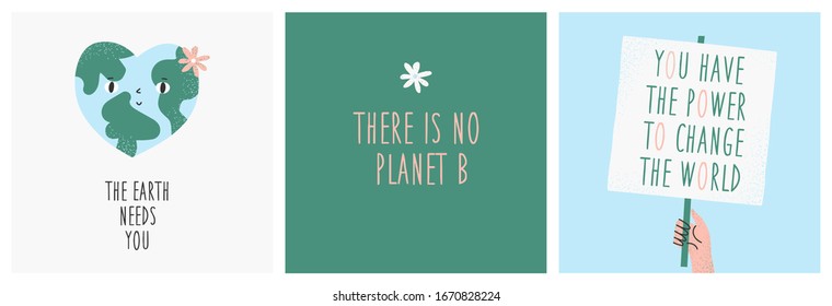 Earth day postcards. Set of 3 cute ready-to-use eco postcards with the earth, lettering, flowers.