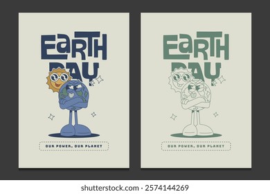 Earth Day poster with a cartoon earth character in a trendy retro style, vector illustration