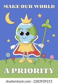 Earth Day poster with Earth character as a Queen in a crown, illustration in a groovy 1970s style.