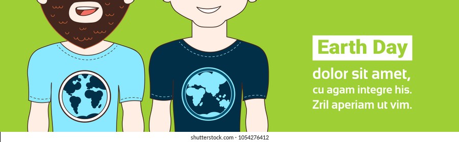 Earth Day Poster With Closeup Of Two Hipster Man Wearing T-Shirts With Globe Image Planet Protection Concept