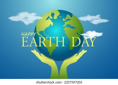 Earth day poster concept. Eco design 3d Earth map shape on cloud with hands below it, with save Earth concept. Happy Earth Day
