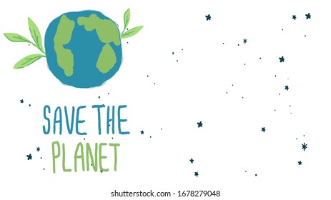Earth day poster with copy space on white isolated backdrop. Earth planet for invitation or gift card, social banner or flyer. Phone case or cloth print art. Hand drawn style stock vector illustration