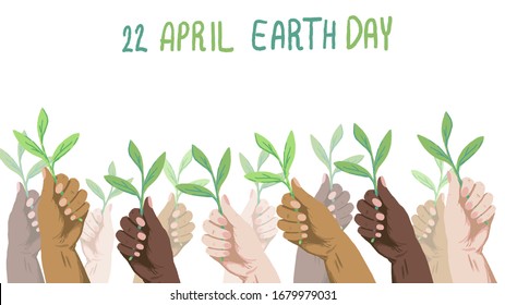 Earth day poster with copy space on white isolated backdrop. Multinational arms for invitation or gift card, social banner, eco flyer, cloth print art. Hand drawn style stock vector illustration