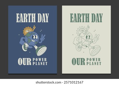 Earth Day poster with cute cartoon characters of the earth and the sun, vector illustration