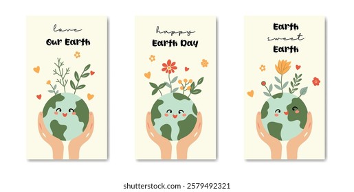 Earth Day Poster in Cute Cartoon Style Bundling with Some Plants and Hearts