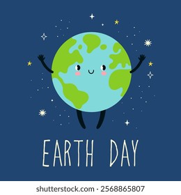 Earth day poster with cute planet and stars. Vector graphics
