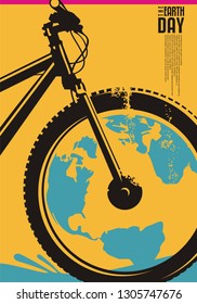 Earth day poster design concept with bicycle and globe shape. Ecology and environment theme. Vector flyer on yellow background.