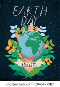 Earth Day poster design template concept with vintage textured human hand holding Earth planet on starry space background. Vector illustration