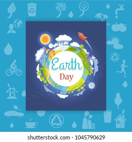 Earth day poster with different seasons and weather conditions, planet infrastructure on background of icons in clean environment concept.