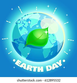 Earth Day Poster. Eco friendly ecology design concept with a planet and a leaf. Vector illustration in retro cartoon style