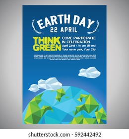 earth day poster for event purpose, with blue light and polygonal earth illustration