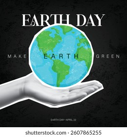 Earth Day poster with a globe in a grayscale hand, symbolizing environmental care.