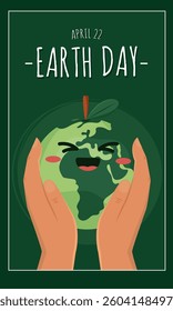 Earth Day poster with hands cradling smiling planet Vector