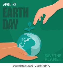 Earth Day poster with hands and globe sprout plant Vector
