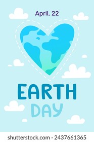 Cartel del Día de la Tierra con forma de corazón planeta y letras. Lindo vector de bandera internacional del día de la tierra.