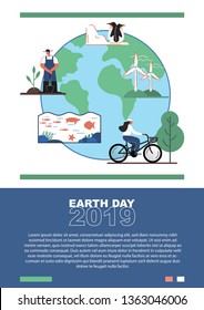 Earth Day Poster, Earth Day Illustration, Save Earth Character Illustration, Save Earth Day, Man Planting Tree, Woman on a bike and Penguins on ice