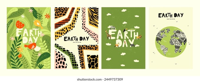 Afiche del Día de la Tierra. Guardar Volante minimalista con globo terráqueo y hoja, Vector 22 de abril Anuncio para la protección ambiental mundial. Flora y fauna, aves en el follaje, animales exóticos