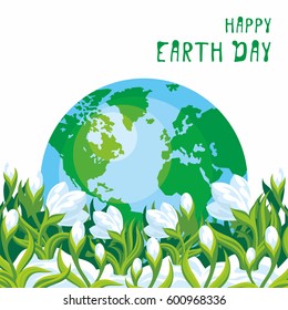 Earth day. A poster with a picture of the planet and flowers.