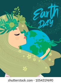 Earth Day poster with planet and girl. World environment day background. Save the earth. Green day. Editable vector illustration 
