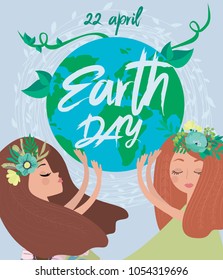 Earth Day poster with planet and girl. World environment day background. Save the earth. Green day. Editable vector illustration 