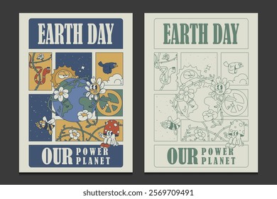 Earth Day poster in retro style with funny cartoon characters, vector illustration 