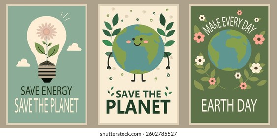Earth Day poster set: floral Earth, eco bulb and nature quotes in matching flat vector style for green campaigns and education.
