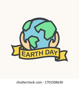 Earth Day poster template. Concept of hands holding world and yellow ribbon banner with Earth Day text. Vector illustration