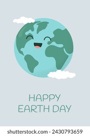 Earth Day poster template. Cute smiling Earth globe with clouds. Vector illustration