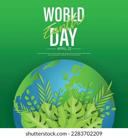 Earth Day poster template design with green leaves and globe on multicolor background. Vector illustration.