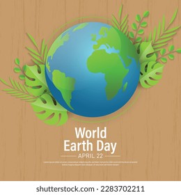 Earth Day poster template design with green leaves and globe on multicolor background. Vector illustration.
