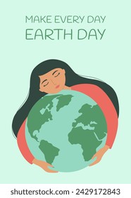 Earth Day poster template. Girl holding Earth globe. Vector illustration