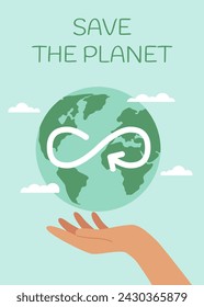 Earth Day poster template. Hand holding Earth globe. Vector illustration