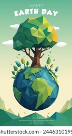 Earth day poster template with low poly planet earth and nature geometric polygonal style vector illustration