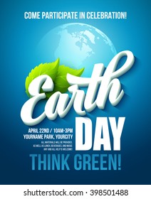 Earth Day poster. Vector illustration with the Earth day lettering, planets and green leaves. EPS10