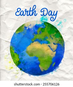 Earth day poster with watercolor globe vector illustration on rumple paper