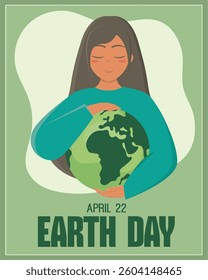 Earth Day poster with woman embracing the planet Vector