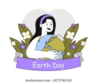Earth day poster. Woman hugs planet with leaves. Ecofriendly activist and volunteer. Caring for ecology and environment. International holiday and festival. Linear flat vector illustration