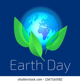  Earth day poster. World environment day.  Ecology concept. Blue glowing Earth, green leaves and text on dark blue background.