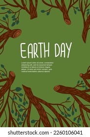 Earth Day-Poster. Weltumwelttag. Gefällte Bäume, Stumps. Schutz, Umweltschutz. Rettet den Wald. CO2-Problem. С Bäume fällen