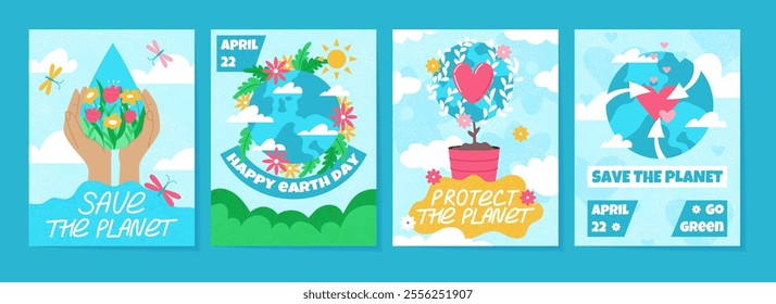 Earth Day poster. World of environment. Saving planet. Protecting globe. ECO nature for children. Environmental concept. Ecology banner, cartoon flat isolated illustration. Vector garish background