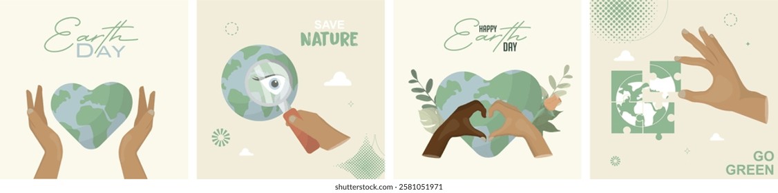 Earth Day posters Collection. Set of four Earth Day illustrations featuring hands interacting with Earth. Environmental conservation cards. Protect the planet. Vector illustration.