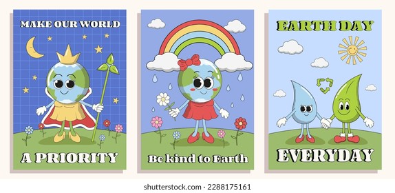 Earth Day posters, ecology posters with groovy retro characters, save Earth planet posters in groovy style.