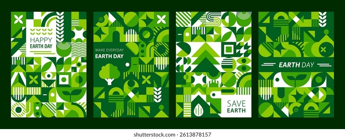 Earth day posters with green geometric shapes, vector ecology and environment backgrounds. Happy Earth Day posters for Save Nature and Make Planet Green eco campaign with ecology geometric shapes