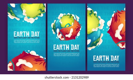 Earth day posters with green planet with dry part. Vector vertical banners of ecology protection, environment care with cartoon illustration of Earth globe with big dirty desert