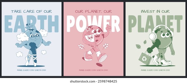 Earth day posters with groovy cartoon characters. Monochrome palette. Vector illustration.