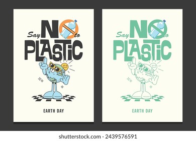 Earth Day posters with retro cartoon mascot characters, vector illustration