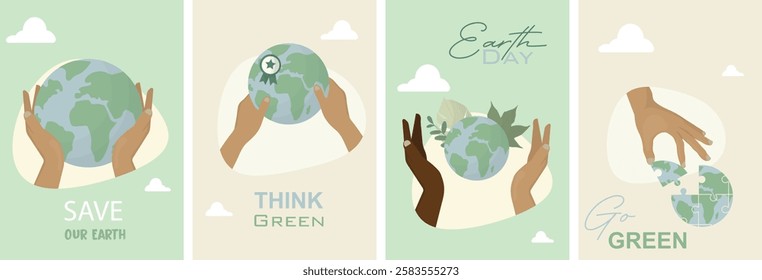 Earth Day posters Set. Hands interacting with planet earth. Earth day concept. Environmental conservation posters. Global communications. Flat style. Vector illustration