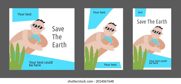 Afiches del Día de la Tierra listos. Ilustración vectorial. Salven la Tierra. El hombre tiene el planeta en sus manos. Tema de la ecología. Continuación de la vida en el planeta. Limpieza, limpieza, vida cotidiana. Publica tu texto.